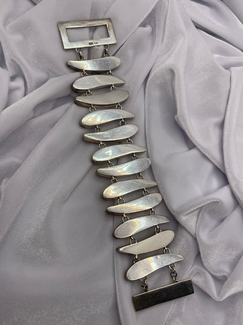Vintage NF 925 Sterling Silver Statement Panel Link Bracelet with Rare High-Grade Agatized Dinosaur Gembone