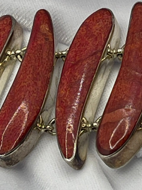 Vintage NF 925 Sterling Silver Statement Panel Link Bracelet with Rare High-Grade Agatized Dinosaur Gembone
