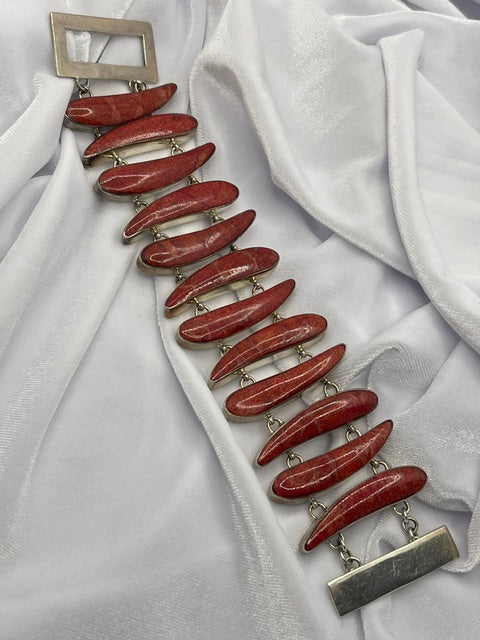 Vintage NF 925 Sterling Silver Statement Panel Link Bracelet with Rare High-Grade Agatized Dinosaur Gembone