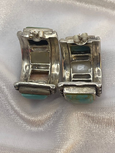 Vintage Turquoise Mother of Pearl Spiny Oyster & Silver Cigar Band Half Hoop Earrings