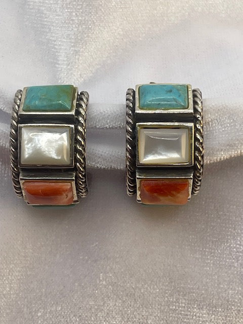 Vintage Turquoise Mother of Pearl Spiny Oyster & Silver Cigar Band Half Hoop Earrings