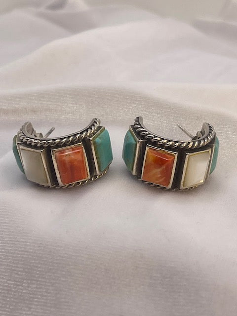 Vintage Turquoise Mother of Pearl Spiny Oyster & Silver Cigar Band Half Hoop Earrings