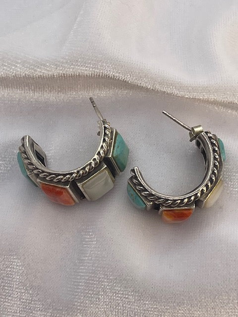 Vintage Turquoise Mother of Pearl Spiny Oyster & Silver Cigar Band Half Hoop Earrings