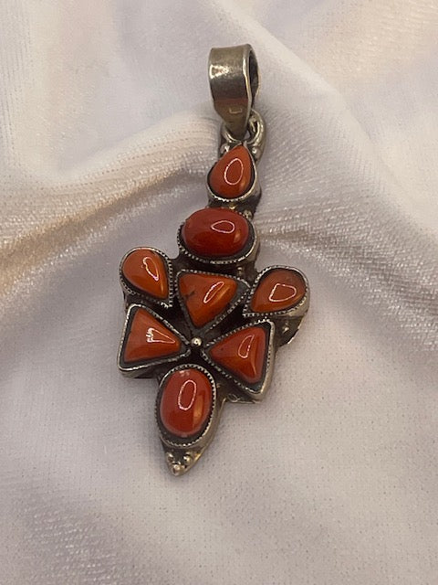 Pre-Loved Navajo Style Coral 925 Sterling Silver Cluster Pendant