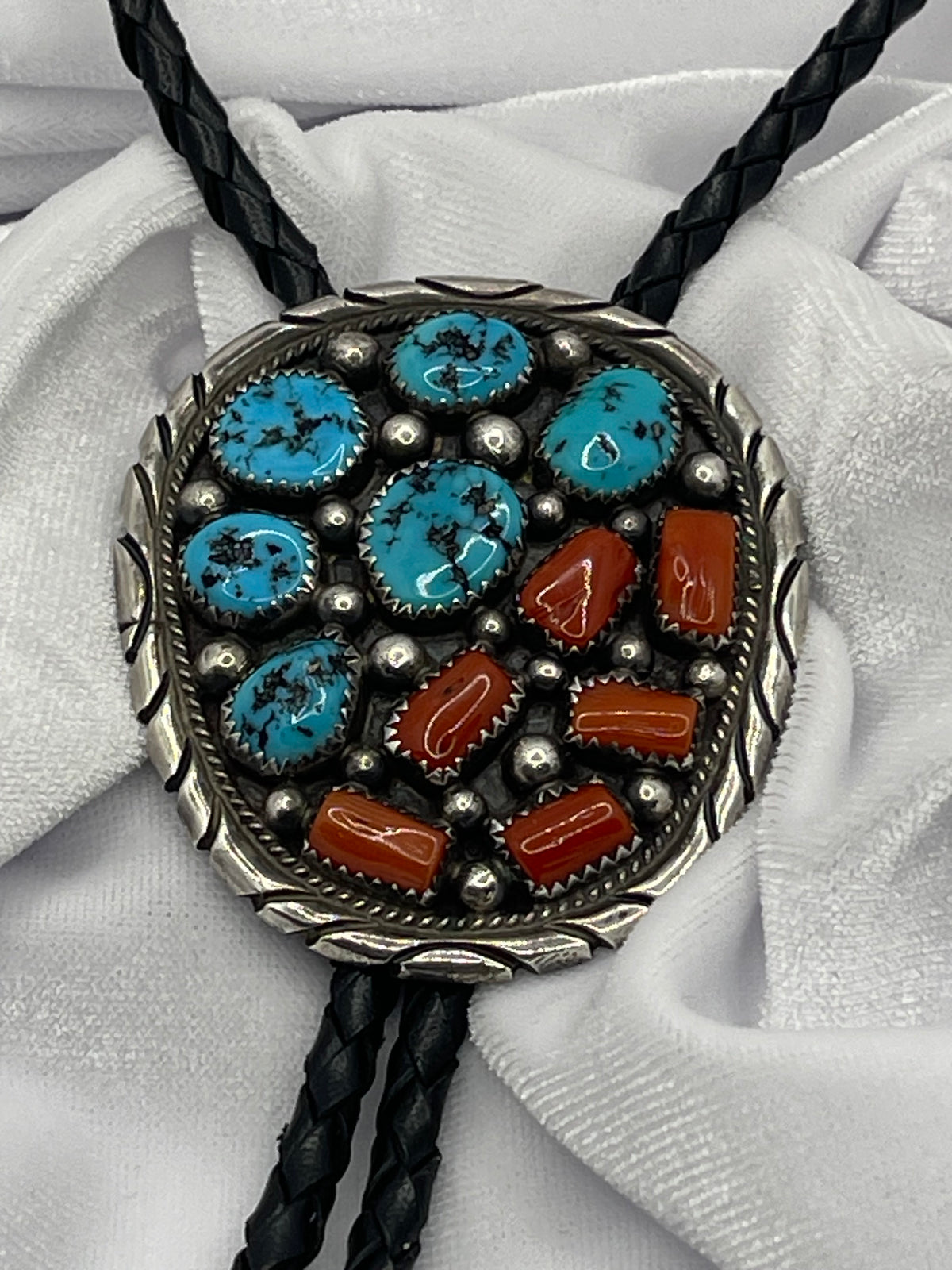 Vintage Signed Tommy Moore Turquoise Coral Sterling Bolo Tie