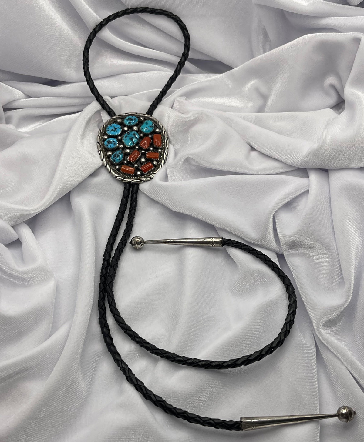 Vintage Signed Tommy Moore Turquoise Coral Sterling Bolo Tie