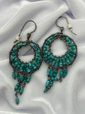 Vintage Mexican Early 1990s Turquoise & Silver Chandelier Artisan Hoop Earrings