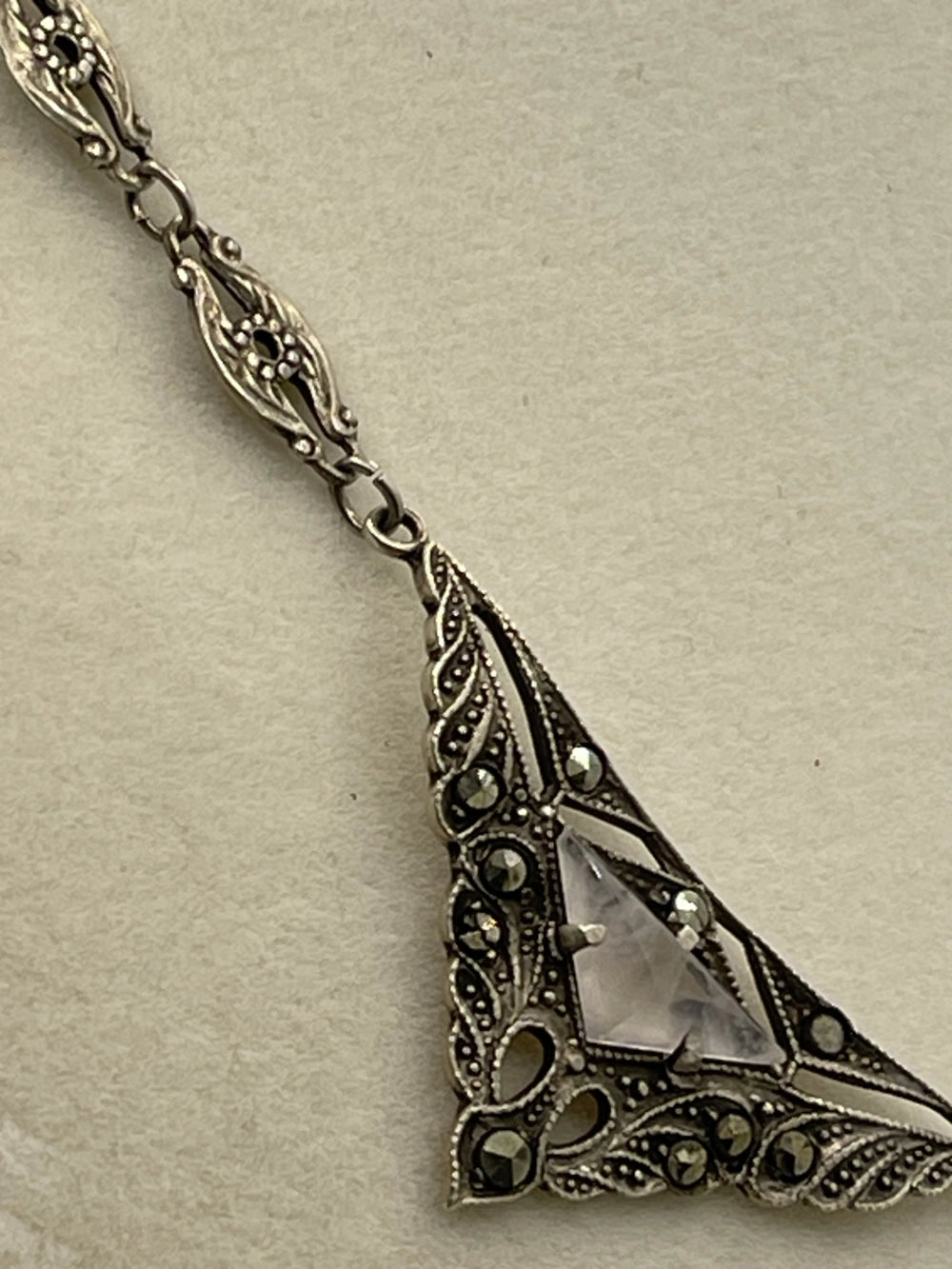 Rorated view of the Pendant from the Antique Art Deco Style Marcasite Opalescent Glass Festoon Necklace