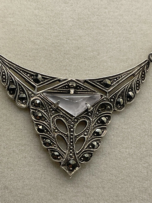 Closeup of Pendant from the Antique Art Deco Style Marcasite Opalescent Glass Festoon Necklace