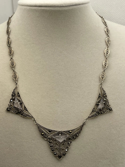 Antique Art Deco Style Marcasite Opalescent Glass Festoon Necklace