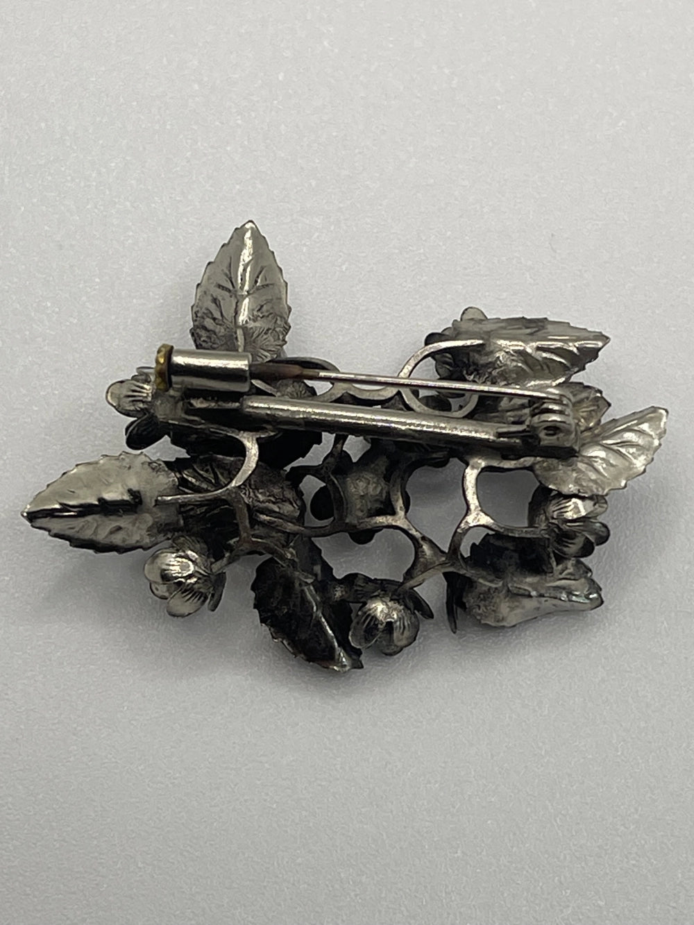 Back of the Antique  European 800 Silver Floral Spray Hubbell Glass Brooch Trombone Clasp