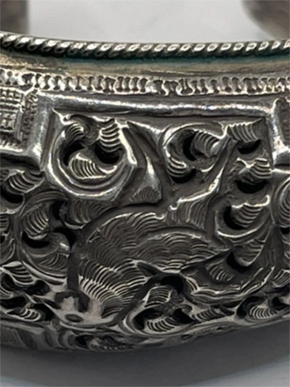 Closeup of Vintage Antique Southeast Asian Silver Repoussé Cuff