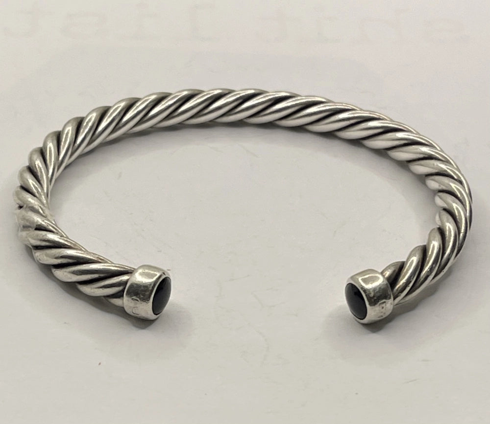 Authentic Preloved David Yurman Men's Helix-Twisted Silver Onyx Cable Cuff Bracelet