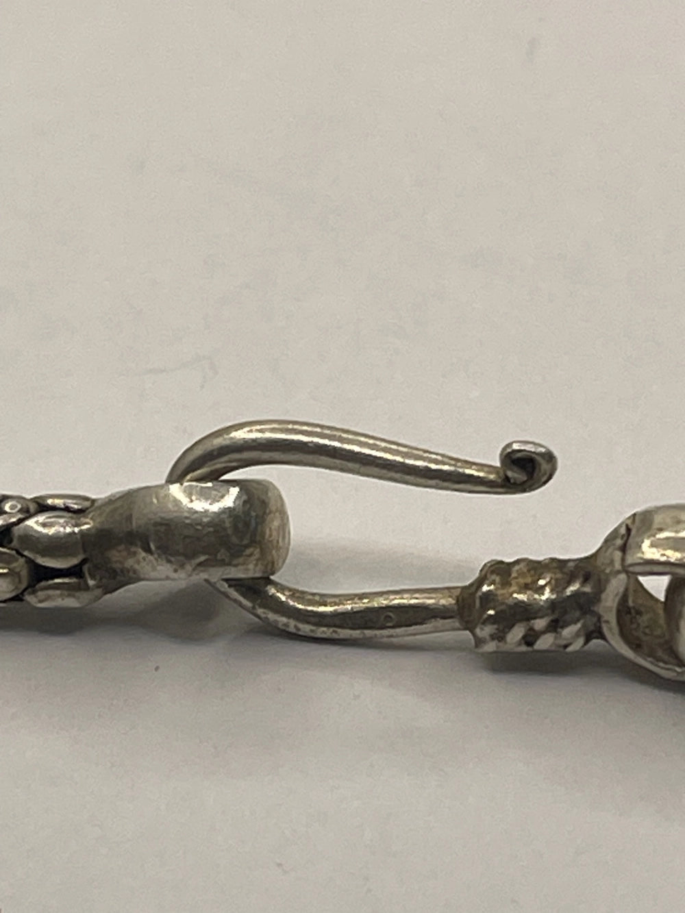 Closeup of hook from Balinese Popcorn Pebble Texture Silver Bracelet