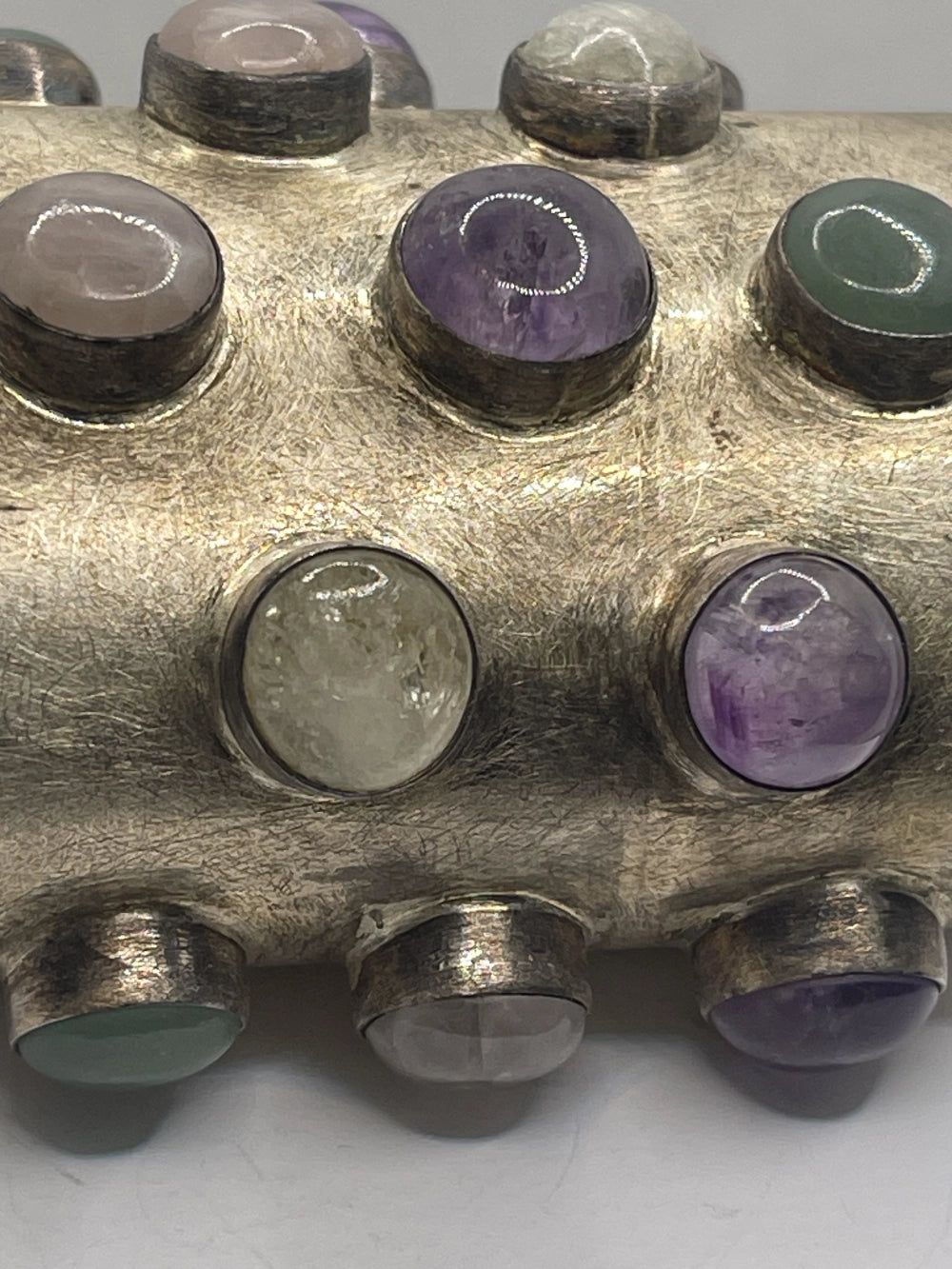 Extreme Closeup view of Brutalist Modernist Wide Sterling Silver Multi-Gemstone Statement Cuff