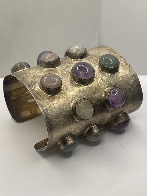 Side view of Brutalist Modernist Wide Sterling Silver Multi-Gemstone Statement Cuff