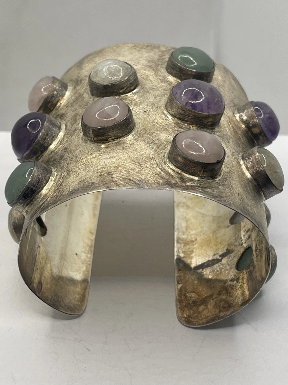 Brutalist Modernist Wide Sterling Silver Multi-Gemstone Statement Cuff