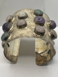 Brutalist Modernist Wide Sterling Silver Multi-Gemstone Statement Cuff
