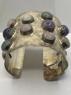 Brutalist Modernist Wide Sterling Silver Multi-Gemstone Statement Cuff