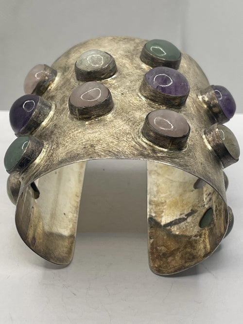 Brutalist Modernist Wide Sterling Silver Multi-Gemstone Statement Cuff