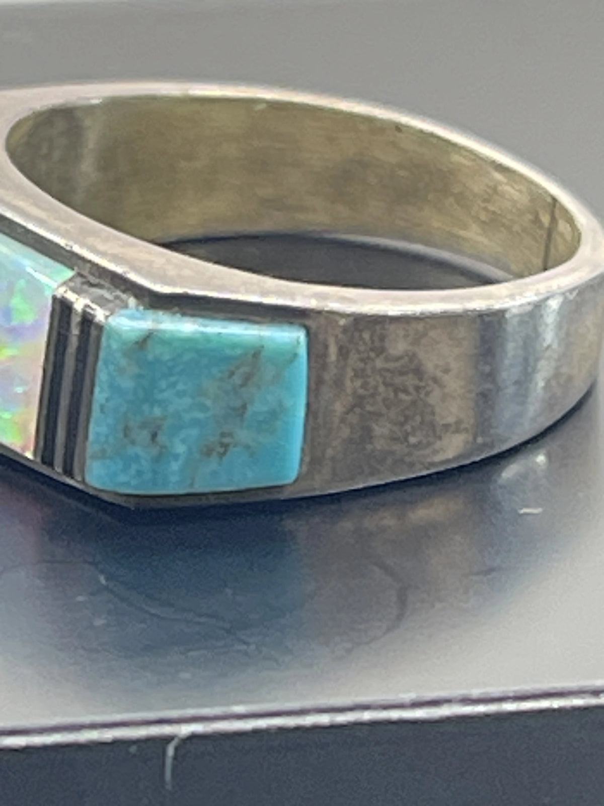 Right View of the Joseph Sterling Pyne Mosaic Inlay Vintage Navajo Diné Mens Silver Ring