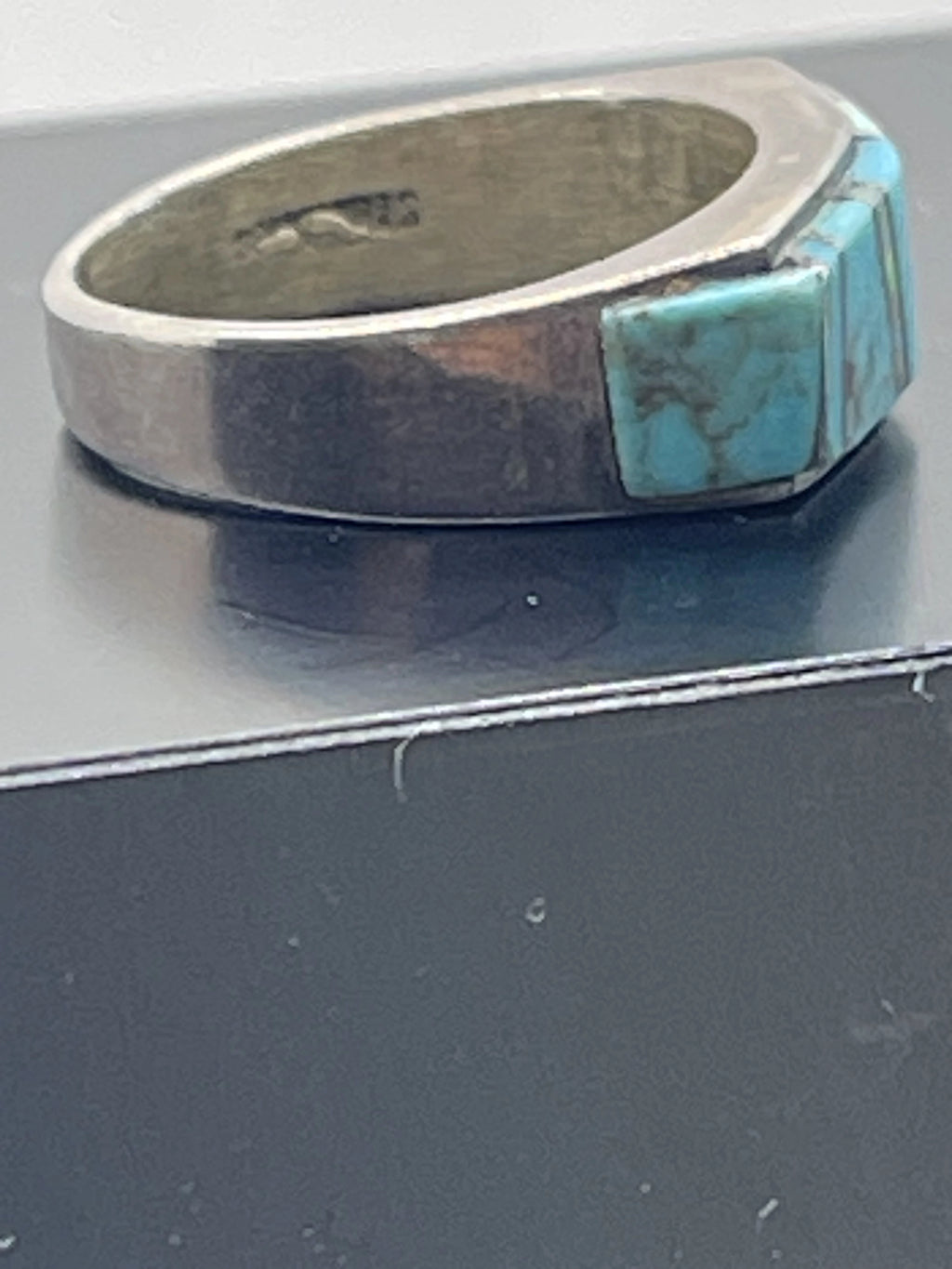 Left View of the Joseph Sterling Pyne Mosaic Inlay Vintage Navajo Diné Mens Silver Ring