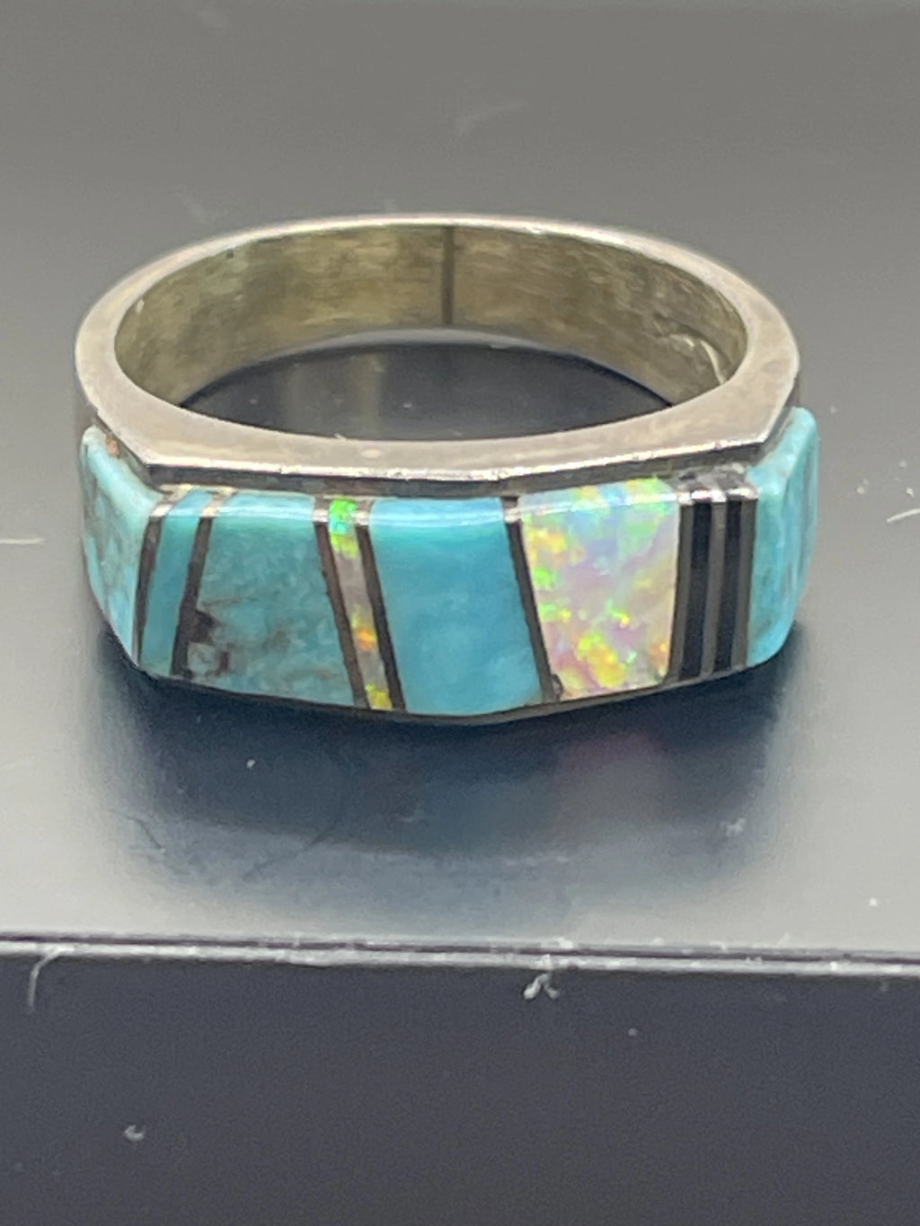 Front View of the Joseph Sterling Pyne Mosaic Inlay Vintage Navajo Diné Mens Silver Ring