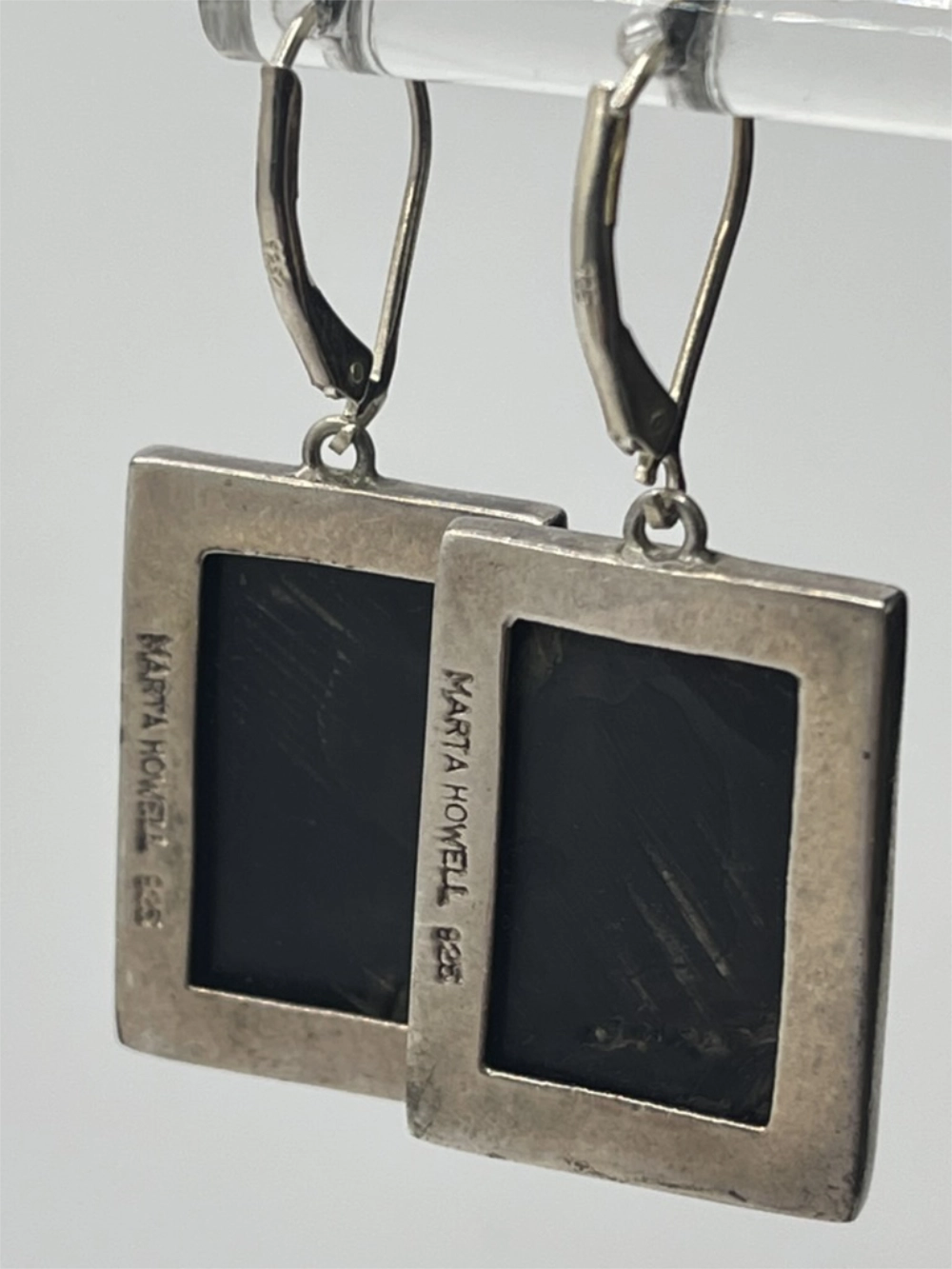Back view of Preowned Marta Howell Black Lip Oyster Shell 925 Silver Rectangle Dangle Earrings