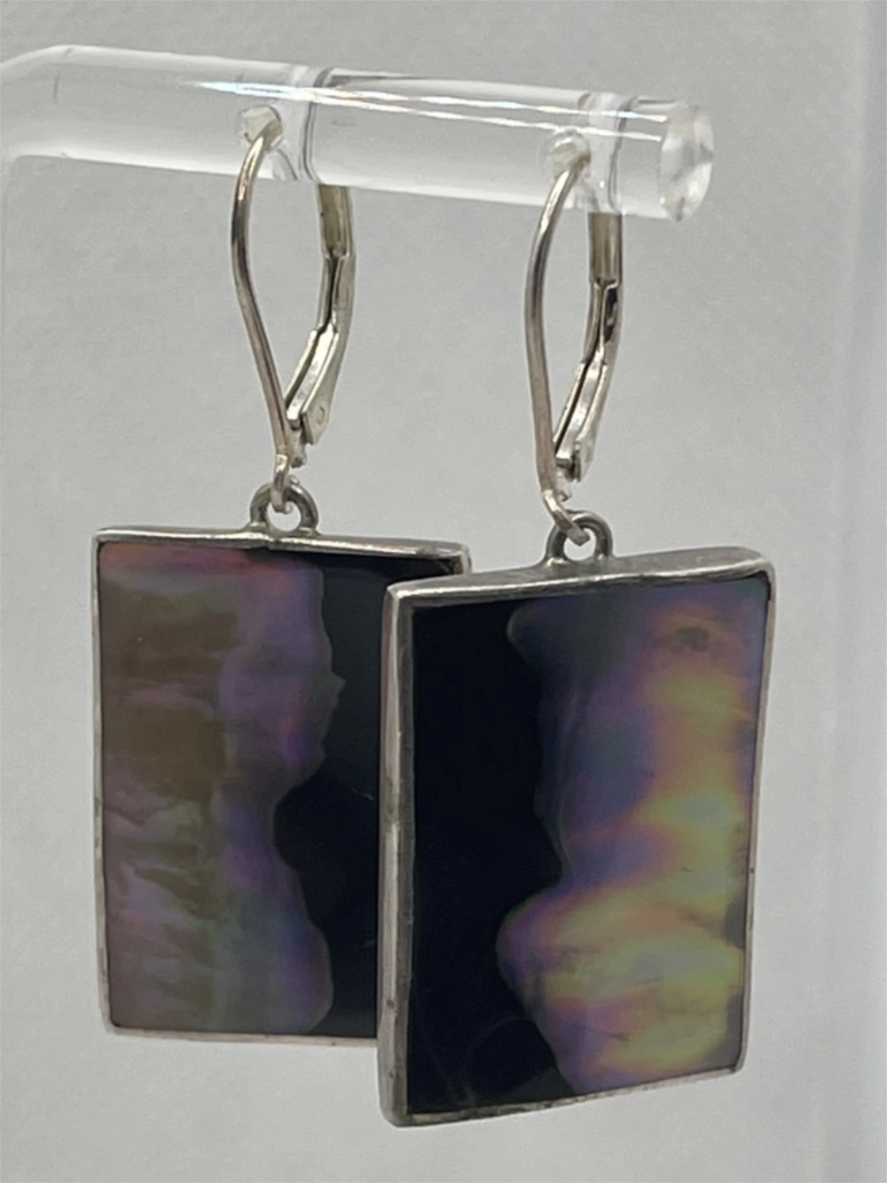 Preowned Marta Howell Black Lip Oyster Shell 925 Silver Rectangle Dangle Earrings