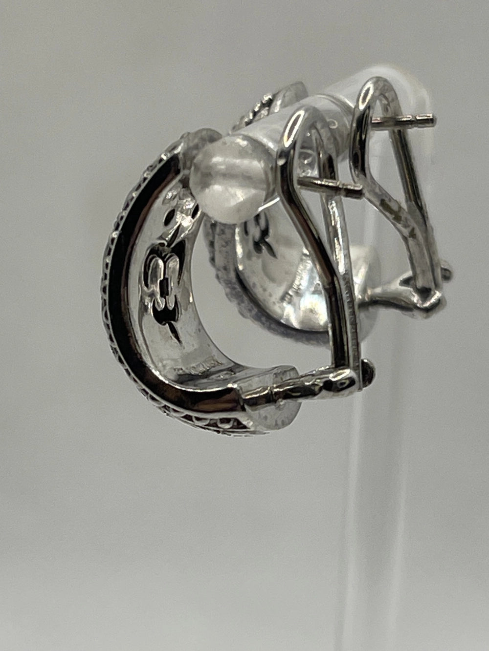 Side View of Judith Ripka Retired Thailand 925 Silver Dome Half Hoop Earrings with Hallmark