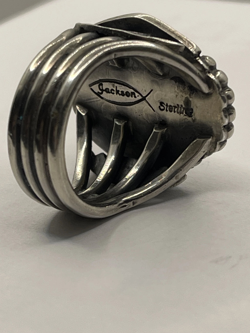 Right Side View of the Tommy Jackson Vintage Navajo Black Web Turquoise Mens Sterling Silver Ring