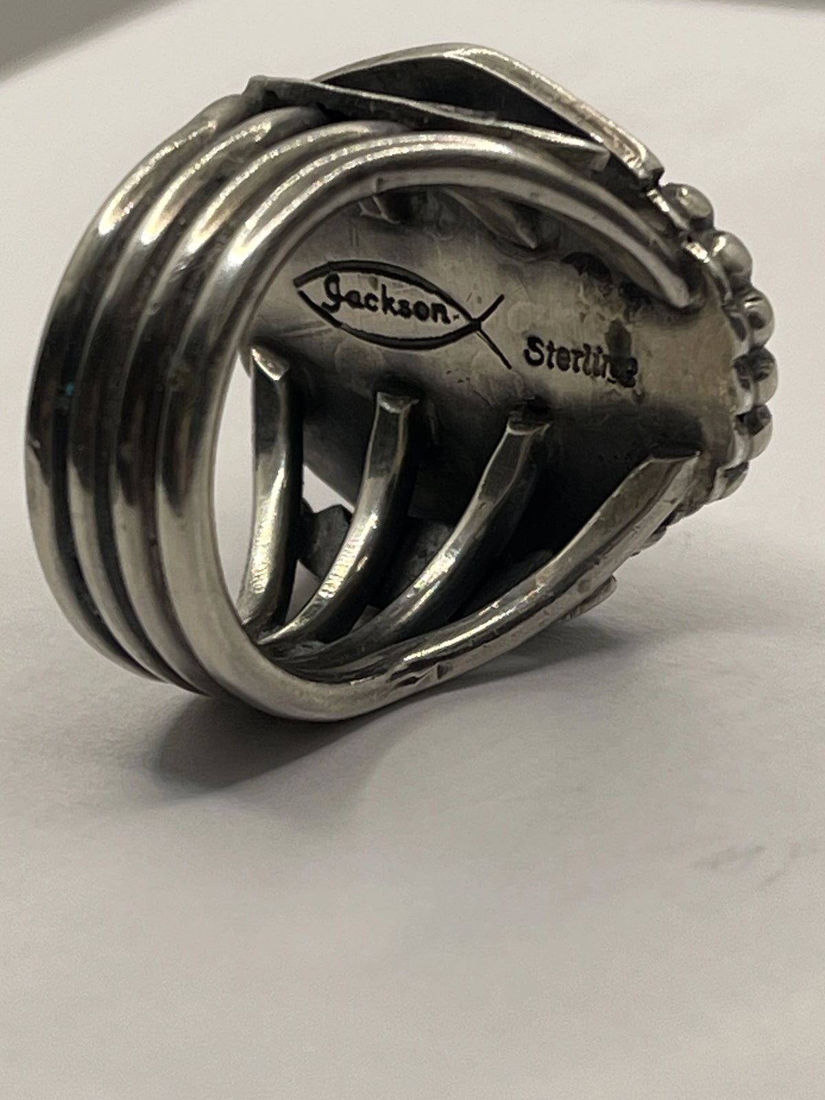 Right Side View of the Tommy Jackson Vintage Navajo Black Web Turquoise Mens Sterling Silver Ring