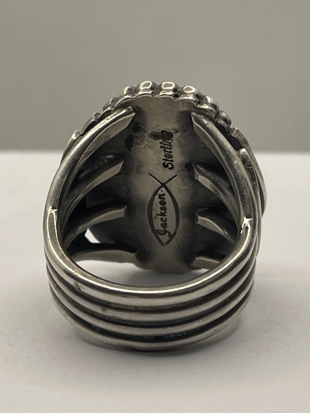 Back View of the Tommy Jackson Vintage Navajo Black Web Turquoise Mens Sterling Silver Ring