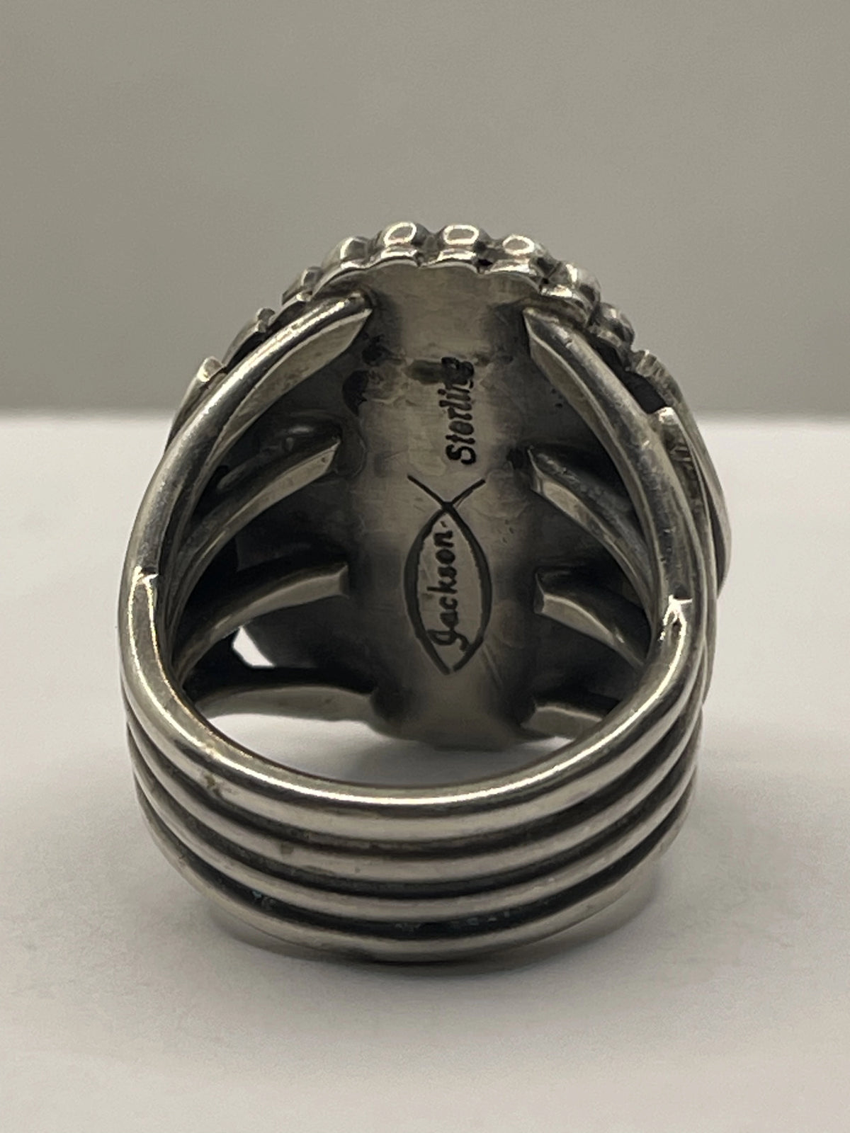 Back View of the Tommy Jackson Vintage Navajo Black Web Turquoise Mens Sterling Silver Ring