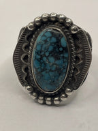Front View of the Tommy Jackson Vintage Navajo Black Web Turquoise Mens Sterling Silver Ring