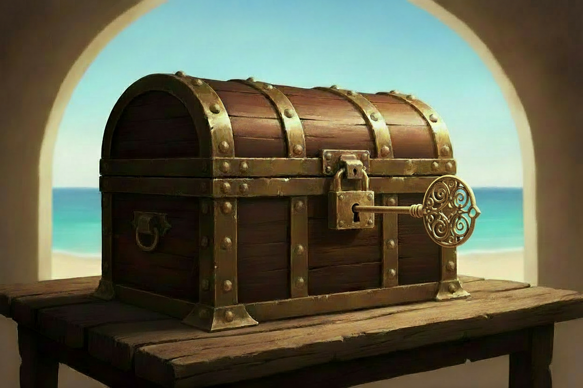 Treasure Chef with Key in the lock behind a beach background