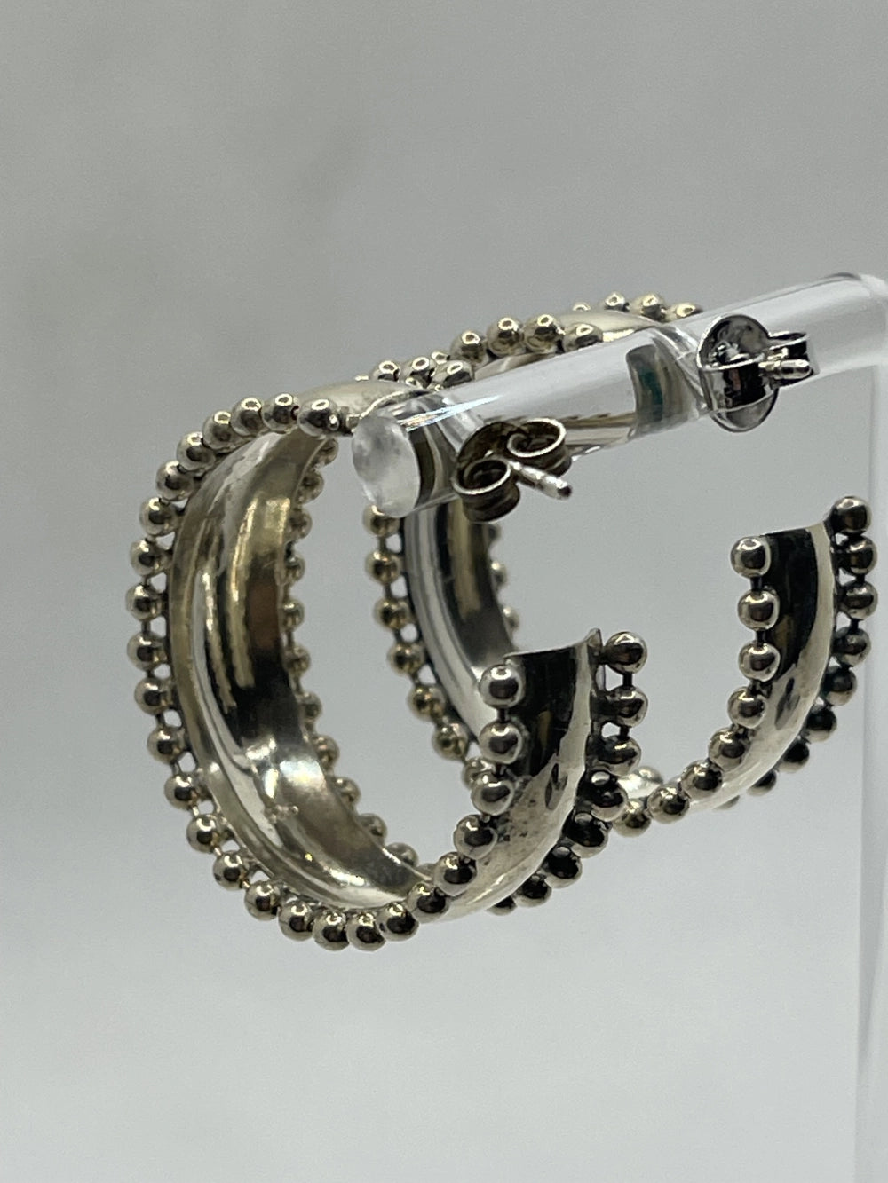 Back View of Vintage 925 Sterling Silver Beaded Trim Wide Hoop Earrings