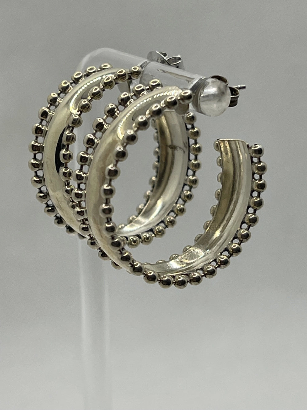 Vintage 925 Sterling Silver Beaded Trim Wide Hoop Earrings