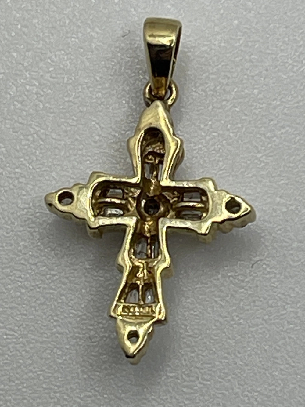 Back of the Vintage Abraham David Lowenstark 10k Yellow Gold Diamond Cross Pendant