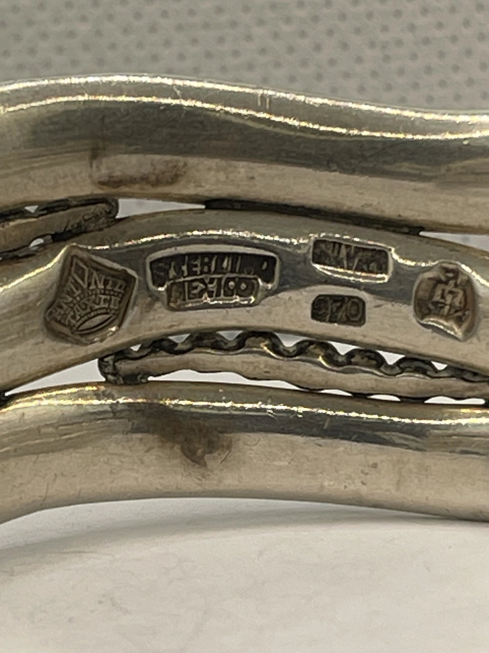 Closeup of Vintage Anthony Pineda 970 Sterling Silver Modernist Cuff Bracelet