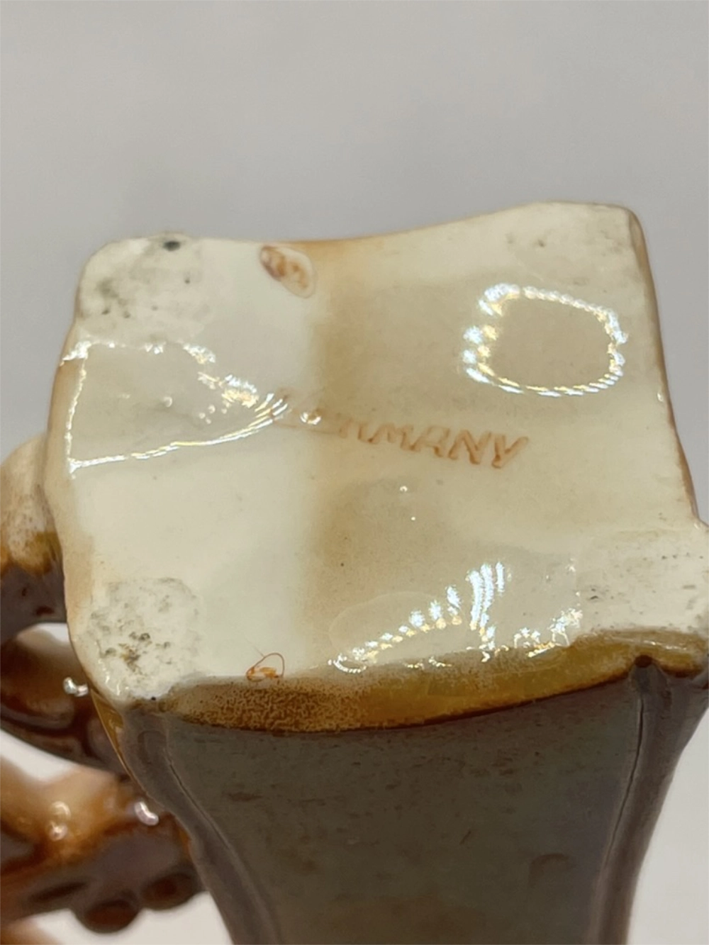 Top Right View of the Vintage German Art Deco Lamilia Favence Double Bud Vase with Germany on it.