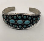 Vintage Signed Authentic Rose Castillo Native American Navajo Cluster Turquoise and Sterling Cuff Bracelet