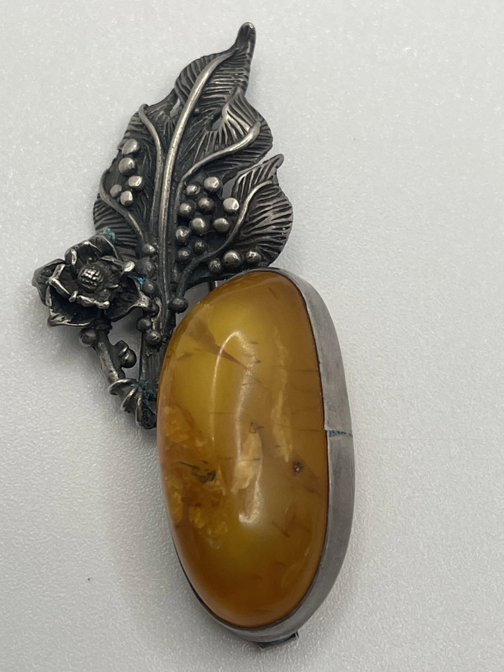 Vintage Baltic Honey Amber Silver Floral Brooch