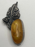 Vintage Baltic Honey Amber Silver Floral Brooch