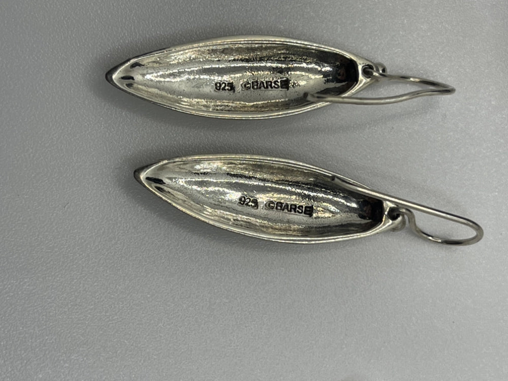 Back view of Vintage Authentic Barse Sterling Silver Elogated Pod Drop Earrings with 925 ©Barse etched