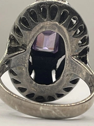 Back of the 925 Silver Vintage Chapal Zenray Vintage Style Art Deco Amethyst Marcasite Cocktail Ring