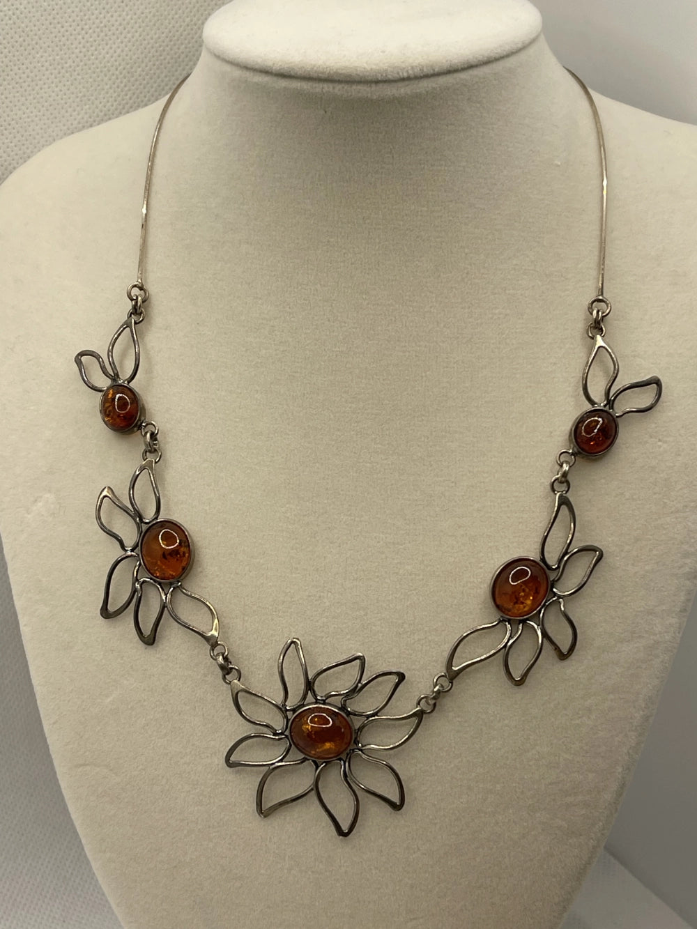 Vintage Cherry Baltic Amber Floral Sterling Silver 925 Floral Collar Necklace