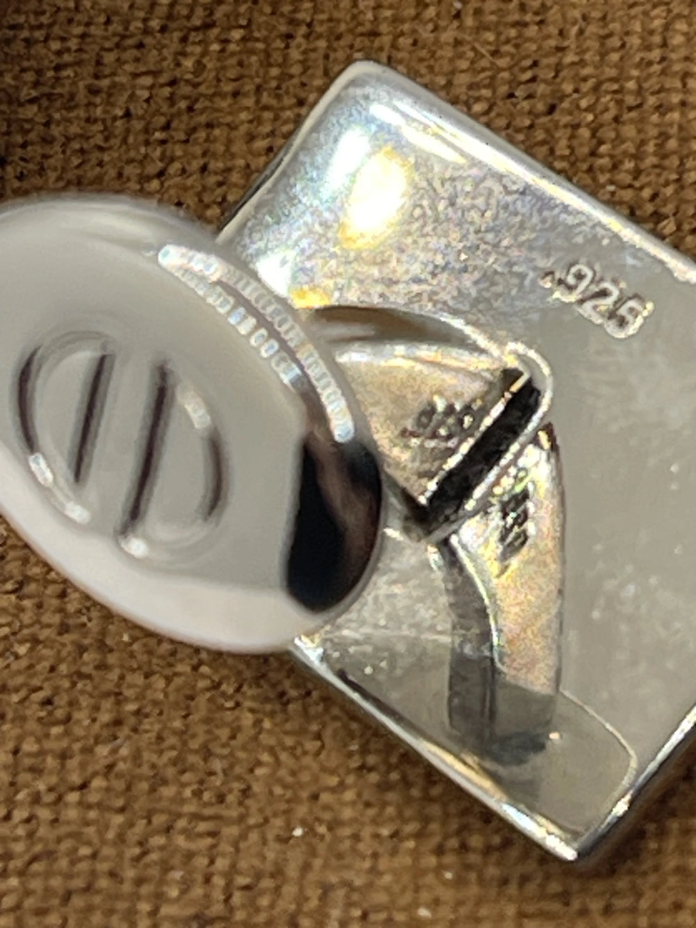 Closeup of back of Vintage David Donahue Sterling Silver Rectangular Cufflinks with .925 etched in