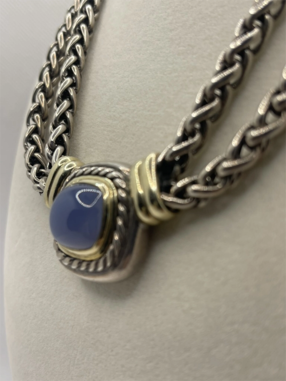 Side view of the Vintage David Yurman Albion Blue Chalcedony Double Strand Choker Necklace 925 14k