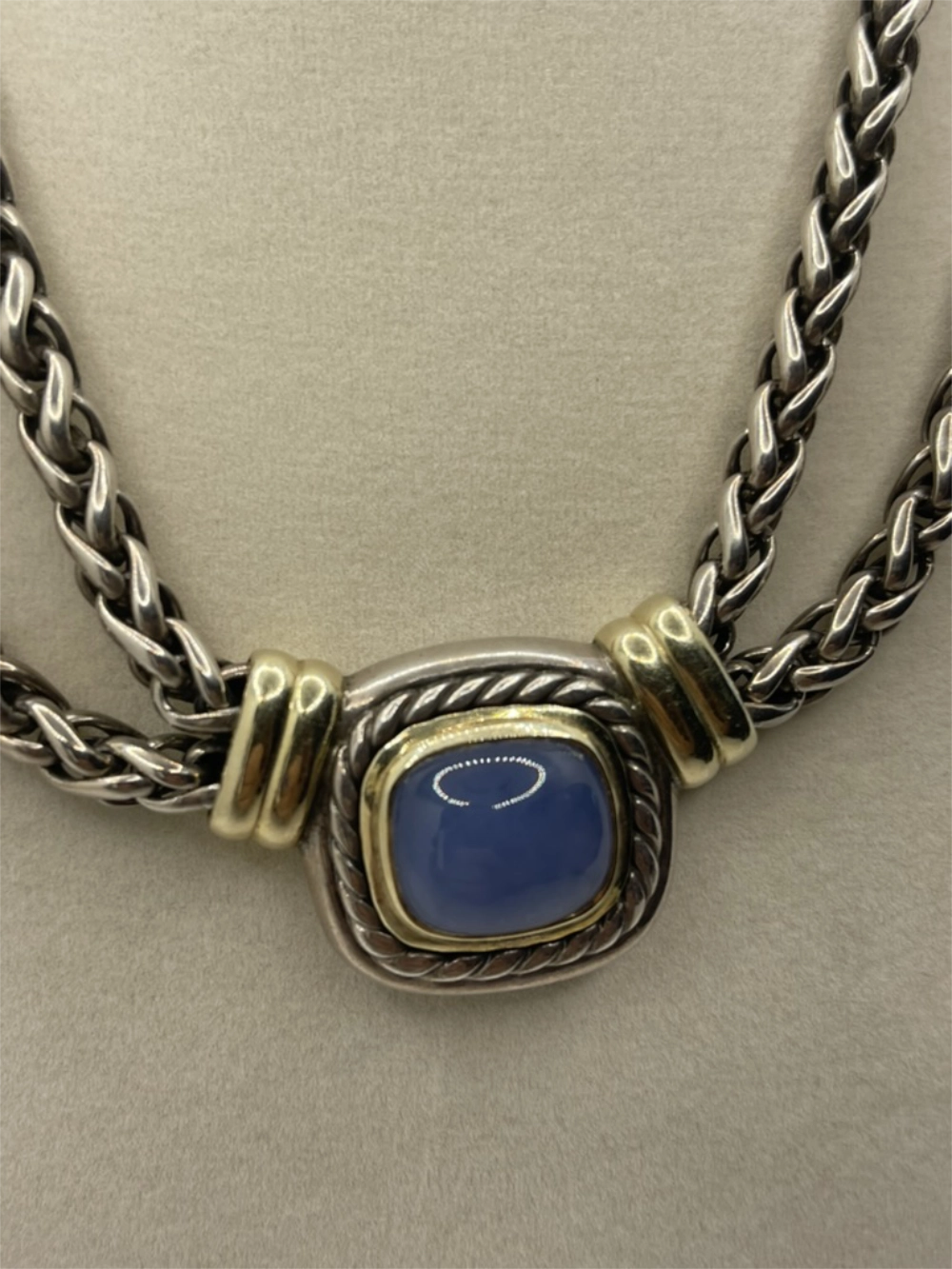 Blue Stone front of the Vintage David Yurman Albion Blue Chalcedony Double Strand Choker Necklace